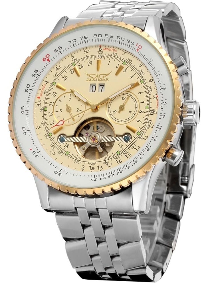 JARAGAR Men's Self Winding Waterproof Automatic Stainless Steel Skeleton Tourbillon Calendar Wrist Watch - Image 1